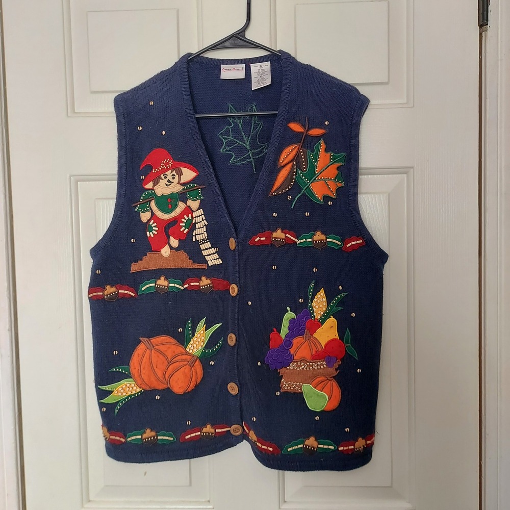 Bobbie Brooks Navy Blue Fall Harvest Scarecrow Embroidered Sweater Vest XL 16/20